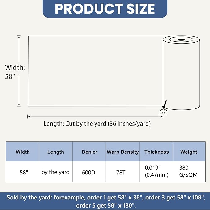 Waterproof Marine Canvas Fabric by The Yard 58" W 600D PVC Backing Water-Resistant Polyester Fabric Upholstery Material for Outdoor Indoor Marine Awning Tent Boat Furniture Cover, 10 Yards Royal Blue
