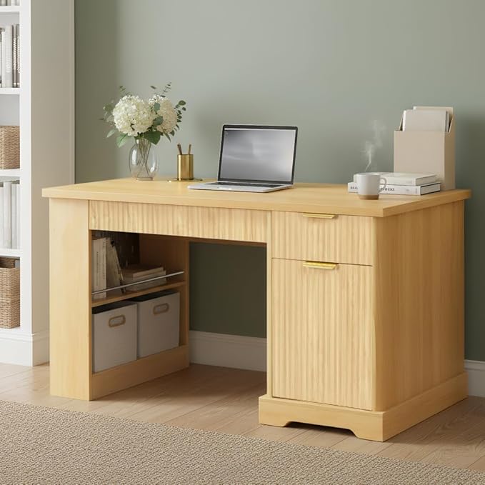 Modern Fluted Office Desk with Storage Cabinet Drawers Power Outlet Pegboard Built-in Shelves Keyboard Tray for Home Office Study Living Room (Light Oak)