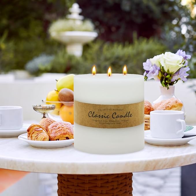 Large 3-Wick White Pillar Candle - 6x6 Inch Dripless & Smokeless Unscented Fat Candle, 120 Hour Long Burning Hand-Poured Thick Candle with Cotton Wicks