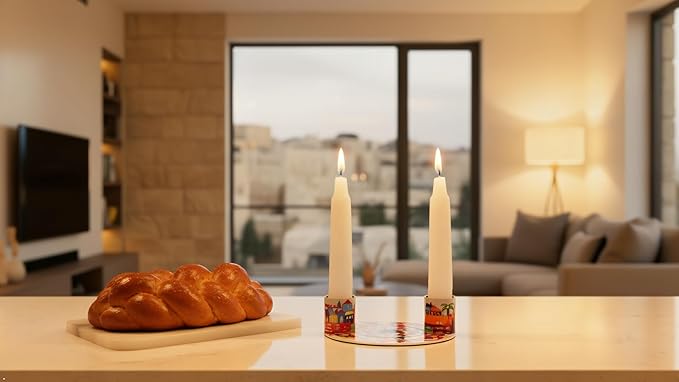Yair Emanuel Flat Plate Candle Holders for Shabbat 4 Inch Vibrant Pattern Design Modern Judaica Gift (CSE-3 Jerusalem)