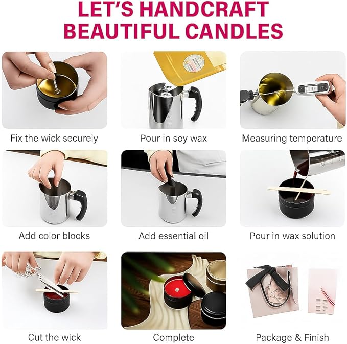 WAYONE LLC Candle Making Kit - DIY Starter Soy Candle Making Supplies Kit - Soy Wax, Full Set - 1 Jars & 6 Tins, 5 Pleasant Scents, Color Dyes & More, Perfect Candle Making Kit for Adults