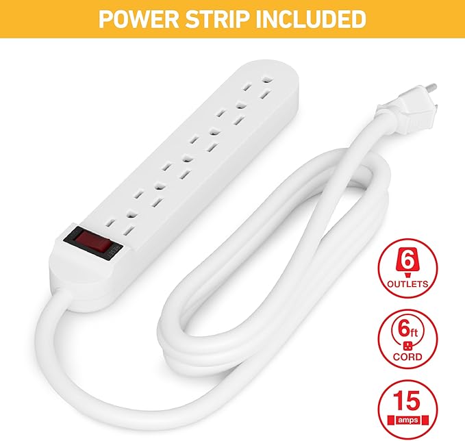 D-Line Cable Management Box with 6 AC Outlet 6ft Power Strip, Hide Extension Cords and Excess Wire Clutter, 16.5in (L) x 4.5in (H) x 5in (W) - Large, White with Wood-Lid