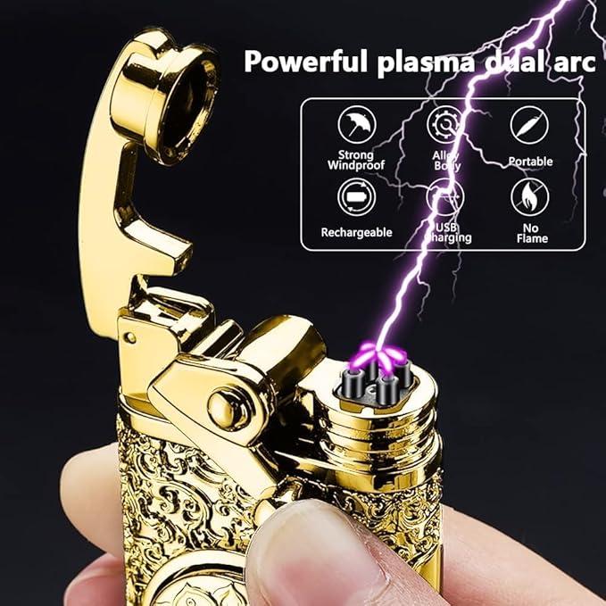GADATOP Electric Lighter Rechargeable USB Lighter Personalized Creative Lighters Plasma Cool Lighters LED Battery Indication Gifts for Men Boyfriend Husband (Gold)