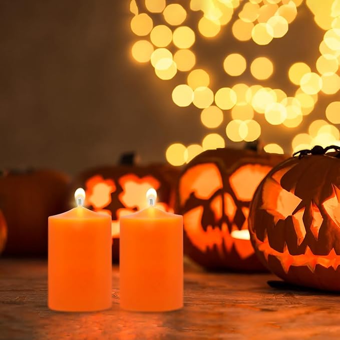 Set of 4 Unscented 2x3 Inch Orange Pillar Candles, Small Dripless Solid Fall Colored Autumn Harvest Column Candles for Thanksgiving Day Home Party Holiday Celebration, 24 Hour Burning