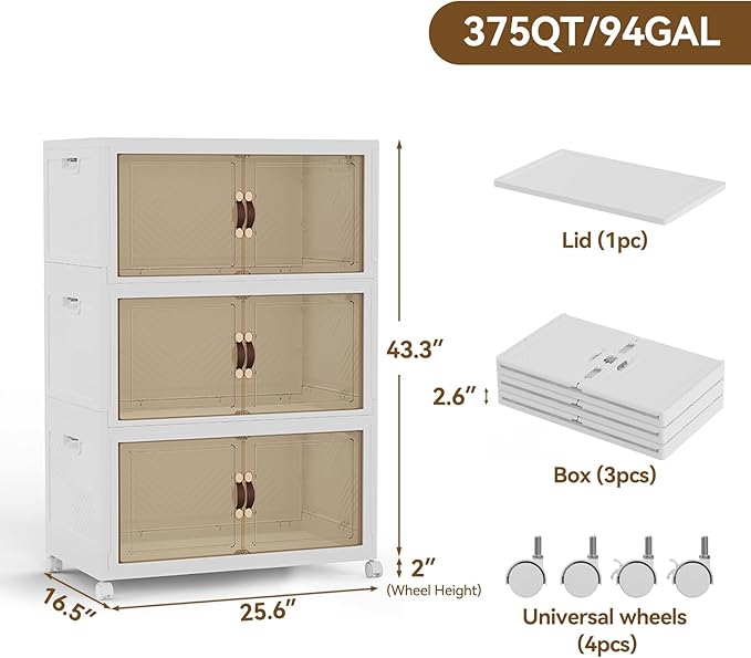 SAILUN 321QT/80Gal Stackable Storage Bins with a Lid, Collapsible Storage Bins With Doors, Folding Cabinet for Home Closet Organization,3 Pack-26 W x 16.5" D x 43.3" H White