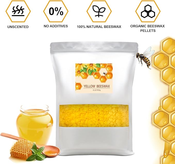Beeswax Pellets 2LB, Yellow Beeswax, 100% Organic Beeswax for Candle Making, Body, Skin Care DIY, Lip Balm and Soap Making Supplies