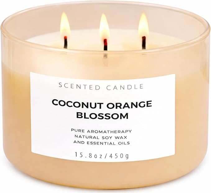 Coconut Orange Blossom Scented Candle - Large 3-Wick Aromatherapy Soy Candle, 15.8 oz - Highly Scented, Clean Burning, Long Lasting Home Fragrance Gift for Women & Men