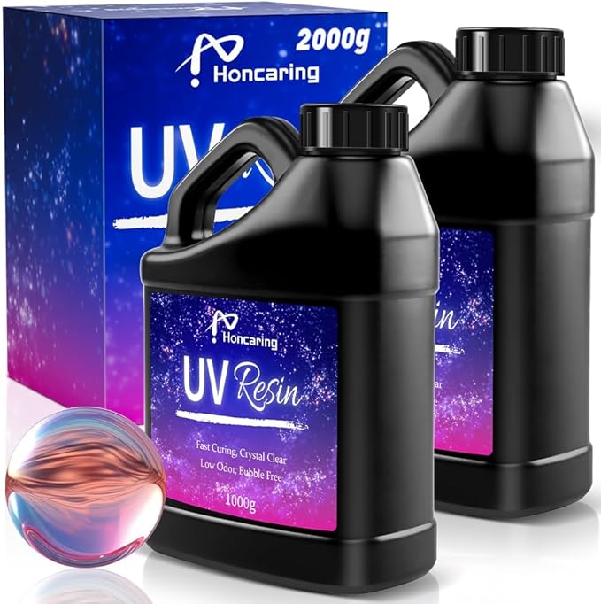 Honcaring UV Resin Bulk 2000g, Hard Type Clear Beginner-Friendly Kit, Upgraded Formula & Crystal Clear for Jewlery Making, Art Craft, 1000g*2 Resin UV Kit for Earring, Pendant, DIY