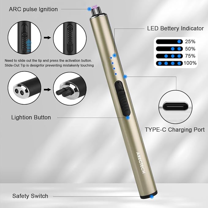 ARECTECH Electric Candle Rechargeable Lighter Arc Plasma Lighters for Candle Kitchen Camping Christmas Type-C Gold