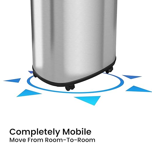 iTouchless 13 Gallon Open Top Kitchen Trash Can Recycling Bin with Wheels and Double Odor Filters Oval Commercial Stainless Steel 50 Liter Trashcan for Home Office Work Bedroom Livingroom Garage