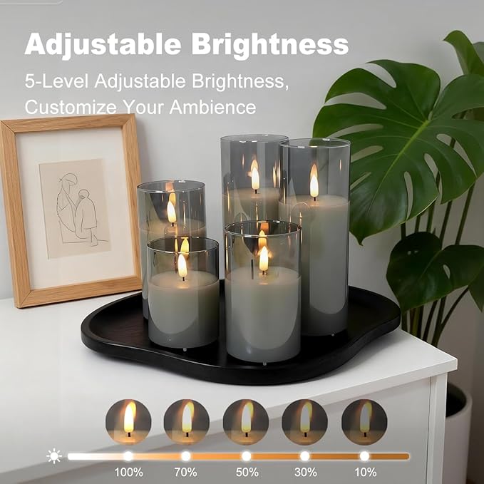 Rechargeable Flameless Candles, Realistic Flickering LED Flame,Real Wax Candle with Remote Control and Timer, Clear Glass Electronic Candles, 1 Set of 5（Gray）