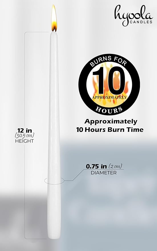 12 Pack Tall Taper Candles - 12 Inch White Dripless, Unscented Dinner Candle - Paraffin Wax with Cotton Wicks - 10 Hour Burn Time