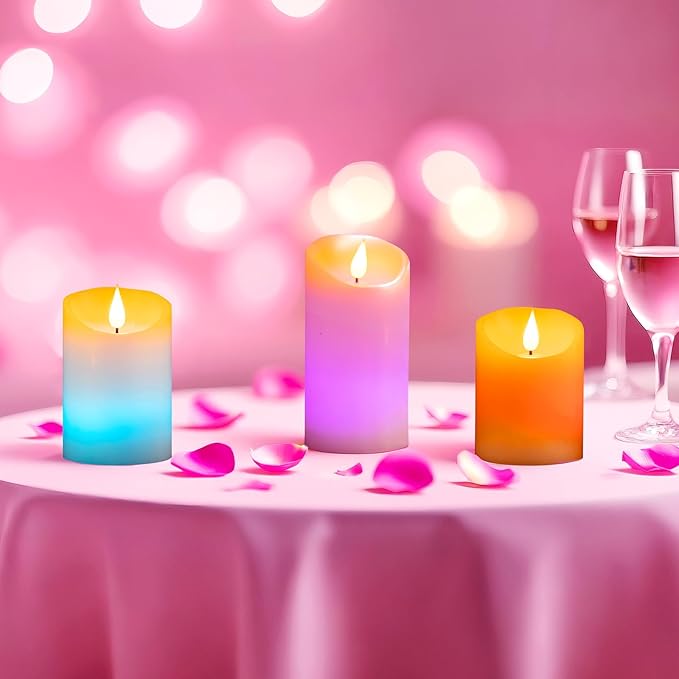 Rechargeable Colored Candles with Remote - LED Pillar Candles with USB Charging Cable, 3D Realistic Flame, Real Wax Flameless Candles for Christmas Decor and Romantic Home Decor – 4" 5" 6" H, 2.95" D