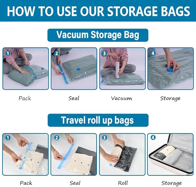12 Pack Vacuum Storage Bags, Space Saver Vacuum Storage Bags, Vacuum Seal Bags for Clothing, Clothes, Comforters and Blankets, Hand Pump Included
