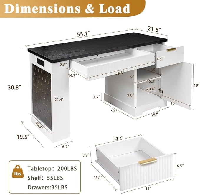 Executive L Shaped Desk with Storage Cabinet Drawers Built in Power Outlet Shelves for Home Office Gaming Study (White)