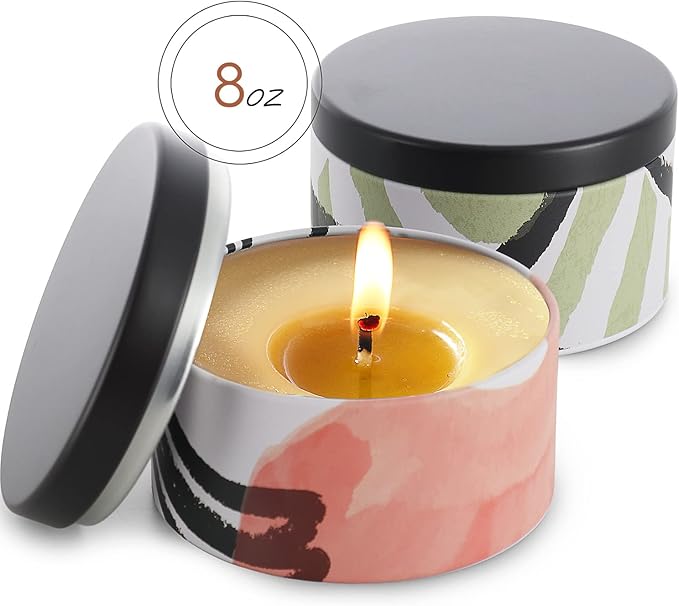 Hearth & Harbor Tin Candle Jars for Making Candles - DIY Candle Containers with Lids - Metal Candle Jars - Bulk Tins Storage for Candle - (24 Pieces) - (8 Ounces) - Painted Illustration