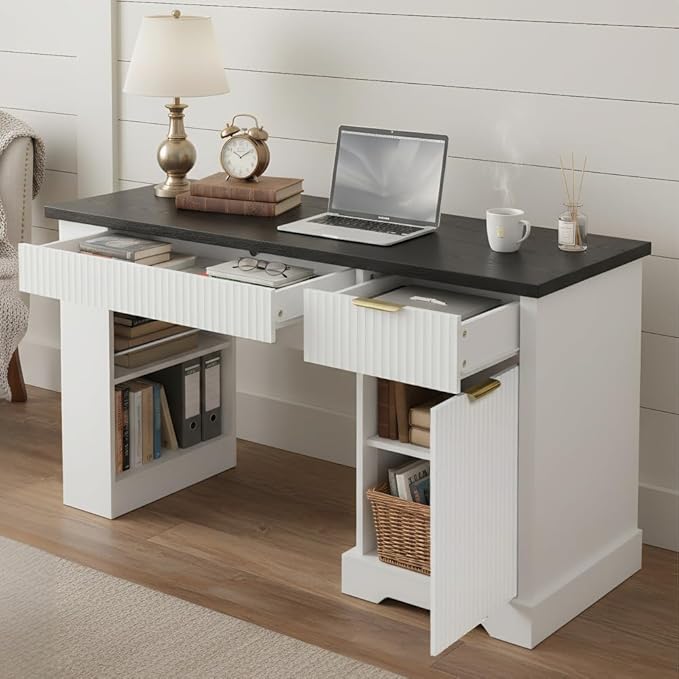 Executive L Shaped Desk with Storage Cabinet Drawers Built in Power Outlet Shelves for Home Office Gaming Study (White)