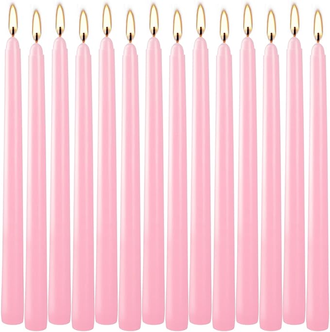 14-Pack Pink Taper Candles - 10 Inch Unscented Dripless Candlesticks, Long Burning for Weddings, Bridal Showers, Valentine's Day & Romantic Dinner Parties