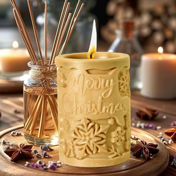 3D Relief Cylinder Christmas Candle Molds, Merry Christmas Letter Silicone Molds for Candle Making, Snowflake Aromatherapy Soap Molds Resin Casting Molds Gummy Molds for DIY Home Decoration Supplies