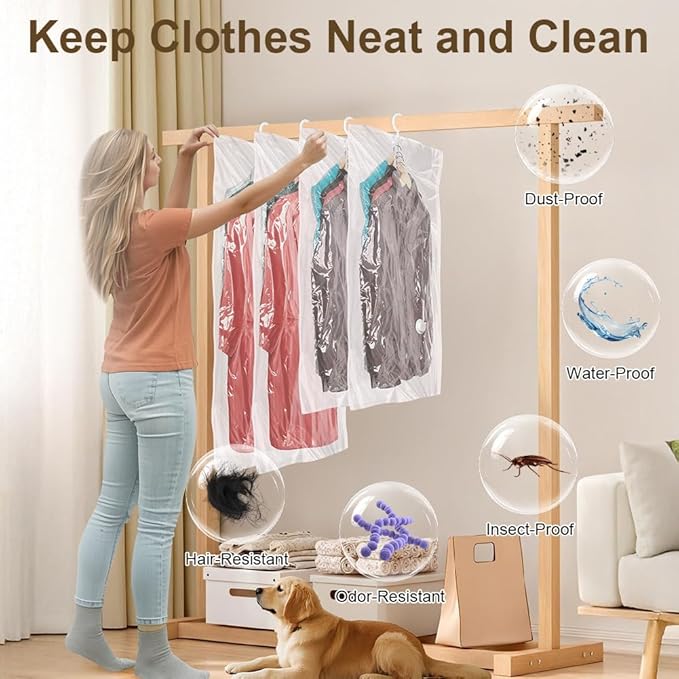 Flintronic Hanging Vacuum Storage Bags, 4pcs(2 Long 135x70CM & 2 Short 110x70CM) Vacuum Compression Zipper Storage Bags, Space Saver for Clothes, Suits, Dresses, Coats or Jackets