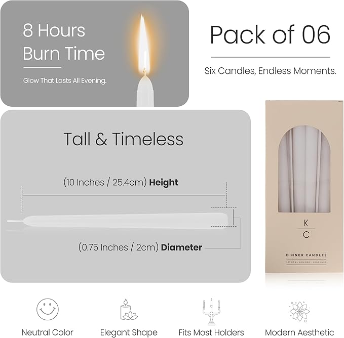 Tapered Dinner Candles - Soy & Paraffin Blend, Dinner Candles with Long-Lasting 7-Hour Burn for Stylish Homes - Candle in Curated Colors Ideal Gift for Hosts, Brides & Event Planners-White