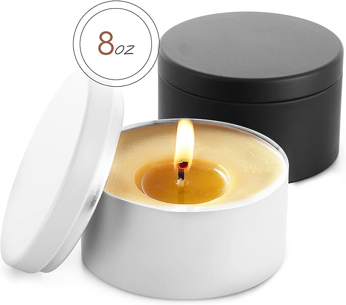 Hearth & Harbor Tin Candle Jars for Making Candles - DIY Candle Containers with Lids - Metal Candle Jars - Bulk Tins Storage for Candle - (24 Pieces) - (8 Ounces) - Solid Black and White
