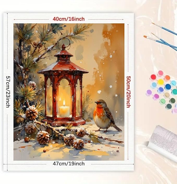 Still Life Paint by Numbers Kit for Adults - DIY Lantern Candle with Robin Bird Pinecones and Winter Branches Painting on Canvas 16x20 Inches, Frameless Acrylic Paint Set, Suitable for Beginners