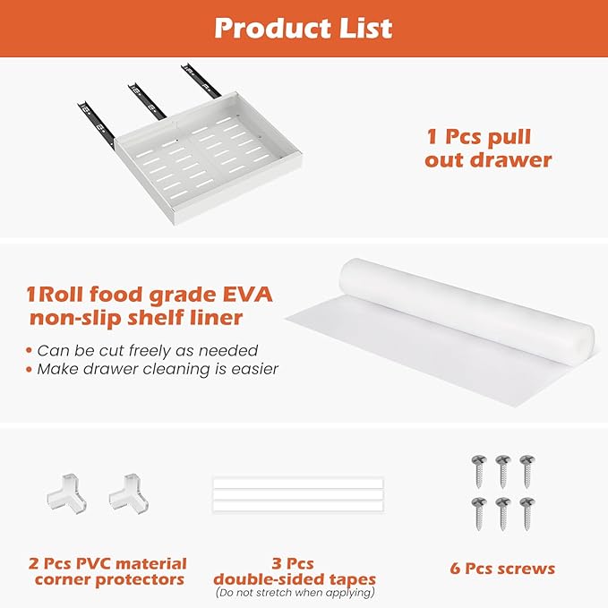 1 Pack Expandable Pull Out Cabinet Organizer 21"Deep, Adjustable Width 12.2"-20.4" Slide Out Drawers & Roll Out Shelves for Kitchen Cabinets, Easy Install with Double-Sided Adhesive, White