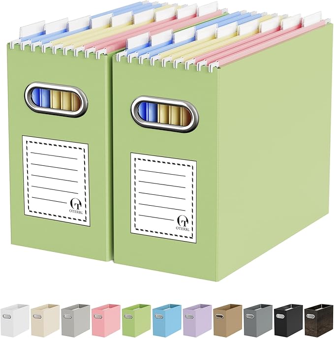Oterri File Organizer Box, Portable Collapsible Cardboard File Folder Organizer with Handle for Letter Size Hanging Files, Document Storage Box for Home Office & Classroom (2 Packs, Green)