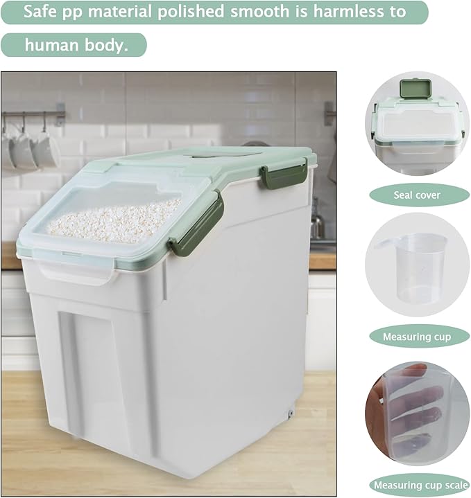 Large Flour Storage Container Bin 25lb, 4Pack Airtight Rice Storage Containers with Wheels Seal Locking Lid, BPA Free with Measuring Cup&Scoop for Flour, Rice, Grain(Green)