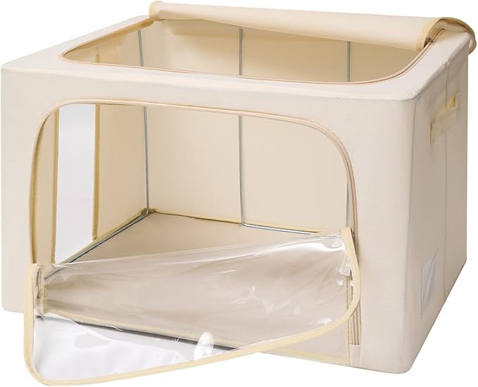 CYhom 3Pack Frame Storage Box - Clothes Storage Bin Bags Oxford Fabric Foldable Stackable Container Organizer Set with Clear Window & Carry Handles Large Capacity (Beige, Extra Large-100L)