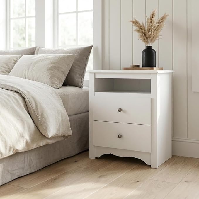 Furnifact White Tall Nightstand, 2 Drawers, Open Shelf, Stylish Bedroom Storage, Durable, Modern Design, Ideal for Compact Spaces