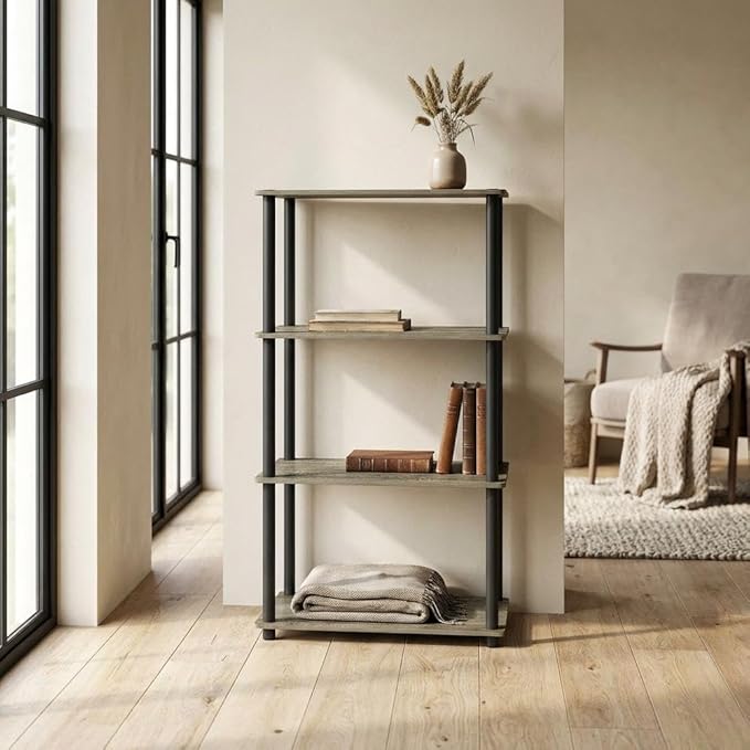 Furnifact French Oak Black Bookcase, Modern Wood Storage Shelf, Durable Construction, Stylish Home Office or Living Room Organizer
