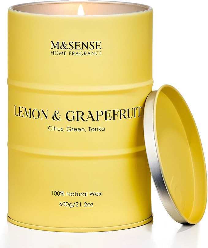 M&SENSE Lemon Candle Large for Home Scented, Lemon Soy Candles 21.2oz 120 Hour Slow Burning, Highly Scented Limoncello Grapefruit Citrus Candles for Bathroom, Fresh Smelling Candle
