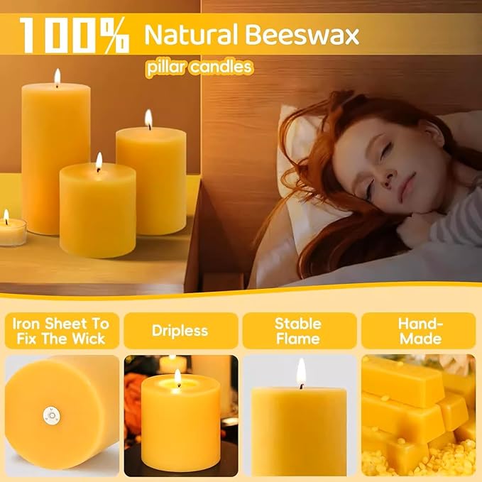 6 Pack Pure Nature Beeswax Pillar Candles, 2x4 Inches, 210 Hours Long Burn Time, Smokeless and Unscented Beeswax Candles for Home,Paryer,Parties