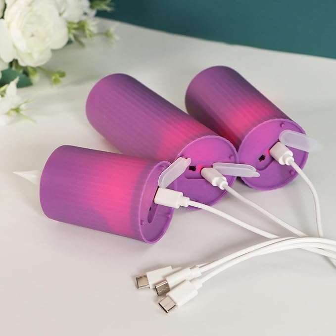 yunsheng Rechargeable Flameless Candles with Remote Timer, in/Outdoor Waterproof LED Flickering Pillar Candles Set of 6 (D2 x H4/5.5/6.5"), Battery Operated Purple Plastic Roman Column Candles