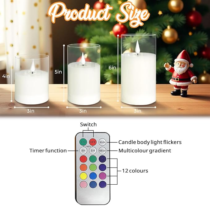 Rechargeable RGB Flameless Candles, Clear Glass LED Pillar Candle with Remote & Timer, Set of 3 — Color-Changing Decorative Candles for Living Room, Bedroom, Holiday Décor & Gifts for Women