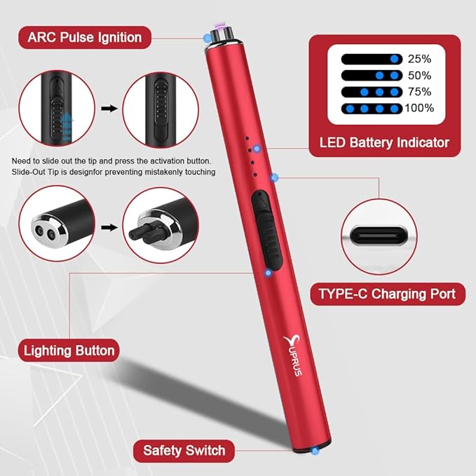 SUPRUS Electric Arc Windproof Flameless USB Rechargeable Lighter with Safety Lock for Candle (Red, 3 Packs)