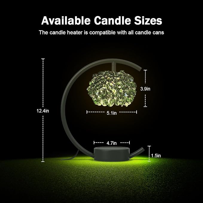 Yeuslor Candle Warmer Lamp for Jar Candles with Adjustable Brightness＆Timer，Handcrafted Green Crystal Candle Lamp Luxurious Design+2Bulbs,Home Decoration Electric Candle lamp(Balck C-Shaped)