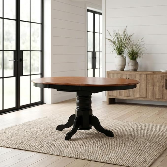 Furnifact Oval Dining Table with 18 Inch Butterfly Leaf, Classic Pedestal Base, Asian Wood Construction, Black Finish for Kitchen and Dining Room Use