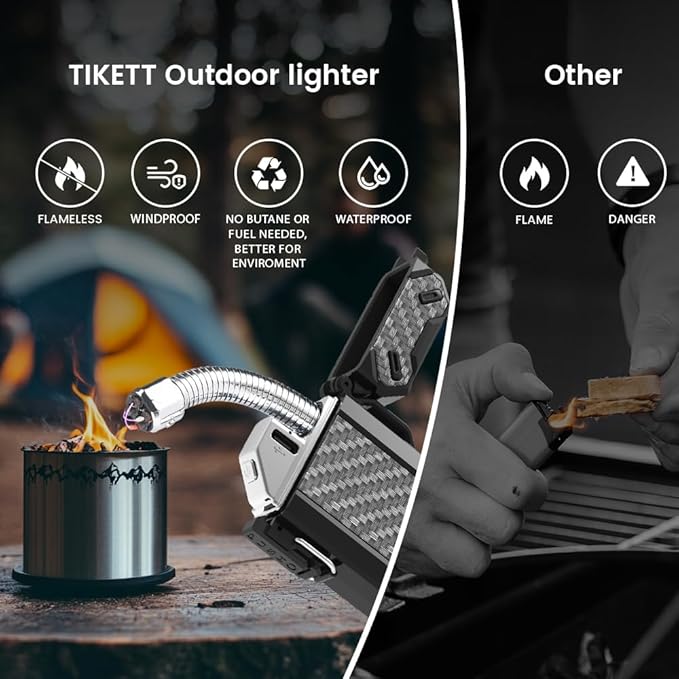 Dual Arc USB Rechargeable Electric Camp Lighter with Retractable Flexible Long Neck Waterproof Windproof Lighter for Outdoor, Grill and Candle (Carbon)