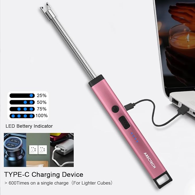 ARECTECH Candle Electric Lighter Rechargeable USB Arc Lighters for Candle Camping Fireworks Christmas Birthday Gifts with LED Light for Men Women Pink