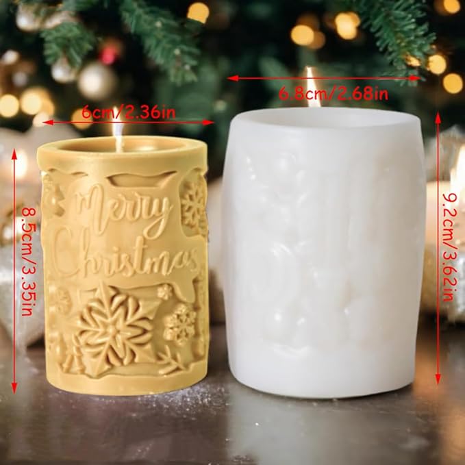 3D Relief Cylinder Christmas Candle Molds, Merry Christmas Letter Silicone Molds for Candle Making, Snowflake Aromatherapy Soap Molds Resin Casting Molds Gummy Molds for DIY Home Decoration Supplies