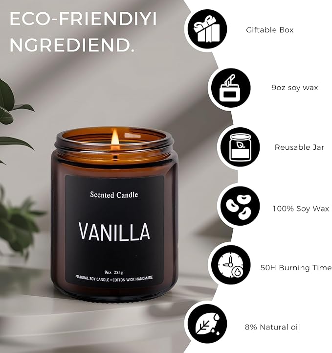 Luxury Vanilla Scented Candles Gift Set-100% Natural Soy Wax, 50H Clean Burn, Hand-Poured, Relaxing Aromatherapy for Home, Bedroom,Yoga&Spa, 9oz-255g
