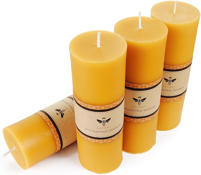 2 x 6 inch Natural Beeswax Pillar Candles Set of 4, Smokeless Dripless Pure Beeswax Candle with Natural Scent for Room Decoration Prayer Party, Long Lasting Burn Time, Brown Raw