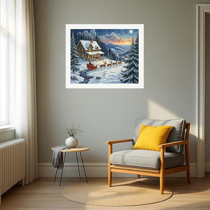 EnLvYY Paint by Numbers for Adults 16x20 Inch, DIY Acrylic Painting on Canvas, Santa Claus Sleigh with Reindeer in Snowy Winter Forest and Cabin, Christmas Landscape Wall Art Gift,Unframed