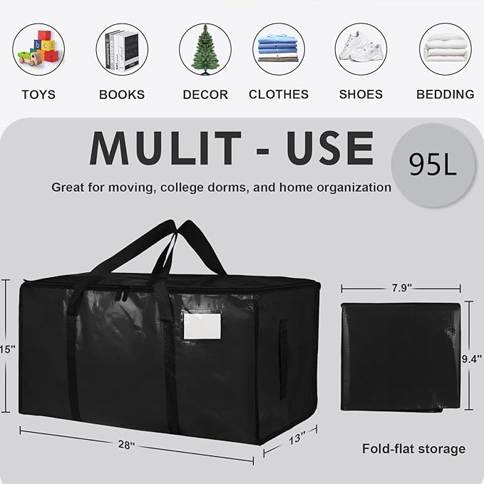 8 Pack-Extra Large Heavy Duty Moving Bags - Waterproof Storage Totes with Handles & Zippers, Foldable for College Dorm, Storage (Black)
