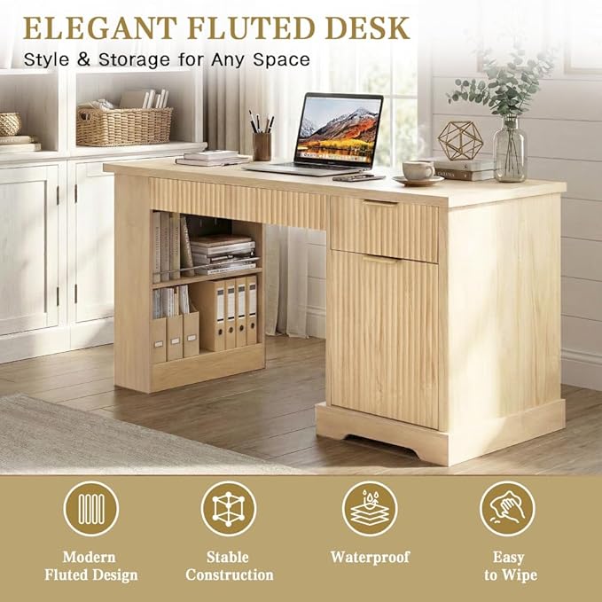 Executive L Shaped Desk with Storage Cabinet Drawers Built in Power Outlet Shelves for Home Office Gaming Study (Light Oak)