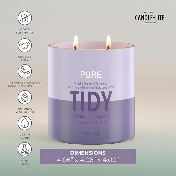 Candle-Lite Pure Patchouli & Magnolia Odor Eliminating Scented Candles, Neofresh Technology Eliminates 99.9% of Odors, 16 oz 2-Wick Jar, Proudly Poured in The USA, Up to 60 Hours Burn Time