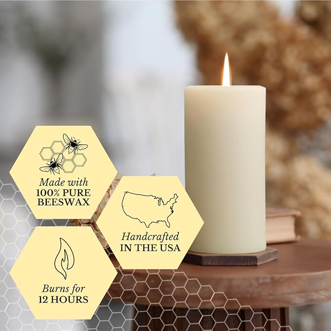 Big Dipper Wax Works Large Ivory Beeswax Pillar Candle 3" x 6" – 90-Hour Burn, Non-Toxic, Dripless, Handcrafted in USA, Clean Burning with Natural Honey Scent